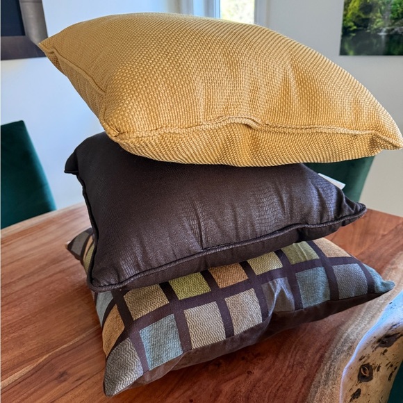 Set of Three Decorative Accent Pillows in Yellow, Brown, and Multicolor - Picture 3 of 7